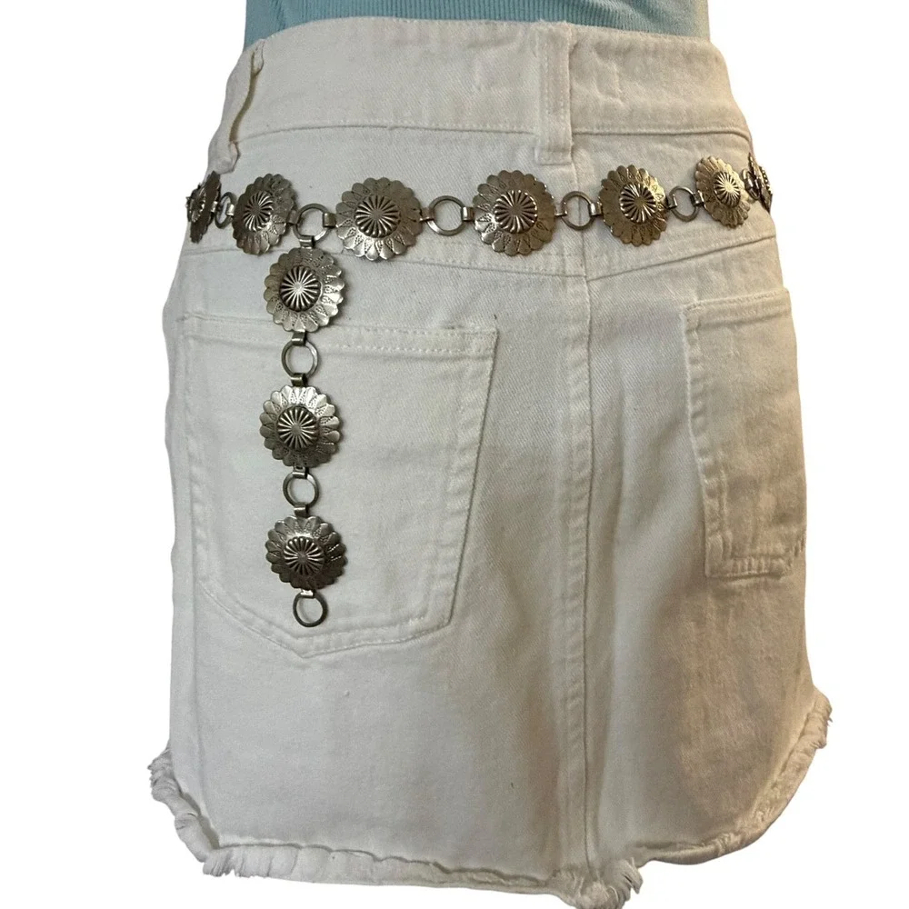 Southwestern Silver Concho Chain Belt Floral Etched‎ Adjustable Boho OS Western